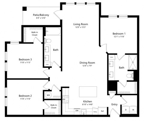 Three Bedroom Floor Plan | 1,435 Sq. Ft. at The Morgan Luxury Apartments in Orlando FL
